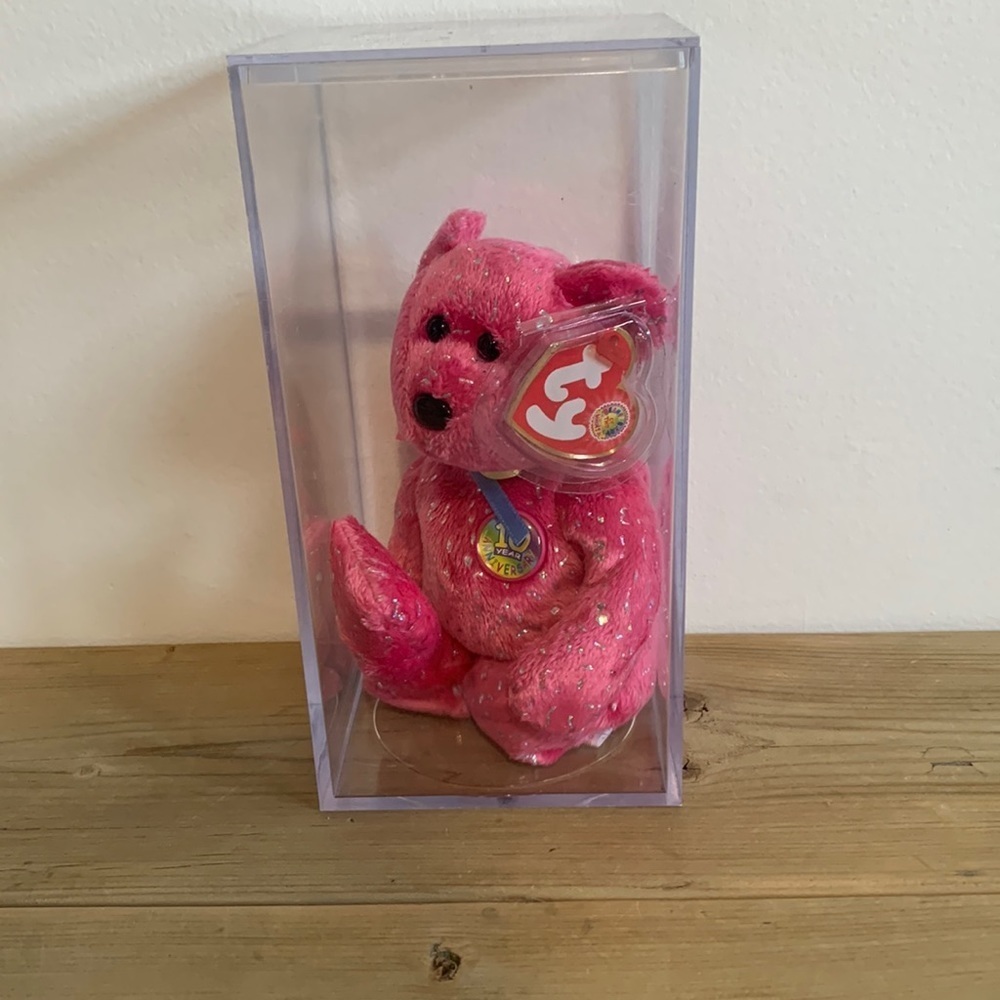 Retired NWT Decade The Pink Bear Beanie Baby TY Inside A Plastic Case Plush